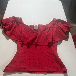 Unique Vintage Red Ruffled Polka Dot Blouse